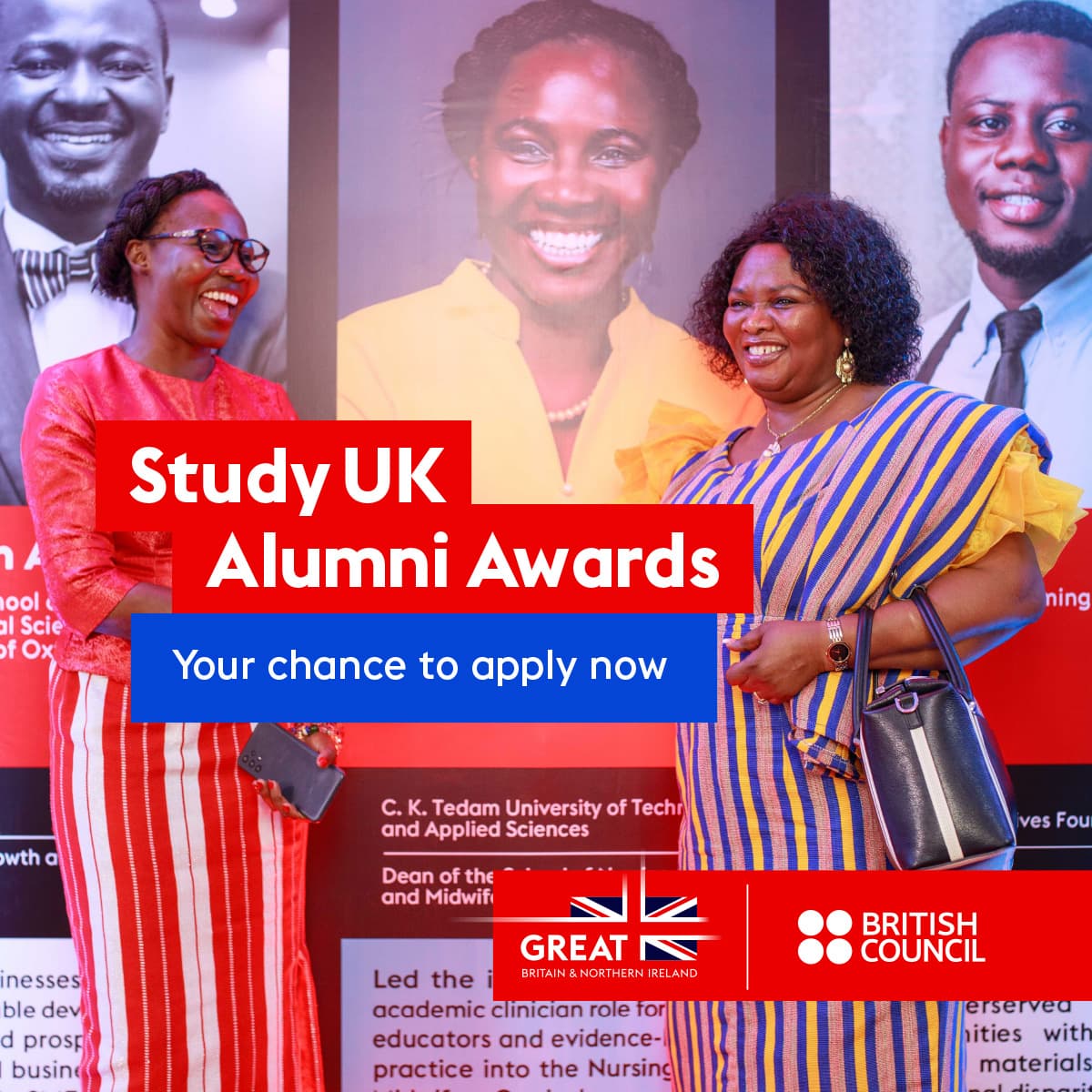 Two women standing on the Alumni Awards stage smiling. There is text overlapping the image which reads Study UK Alumni Awards. Your chance to apply now. in white text and at the bottom right hand corner there is the British Council logo.